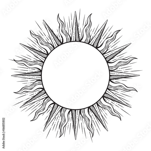 Hand drawn etching style frame in a shape of sun rays vector illustration