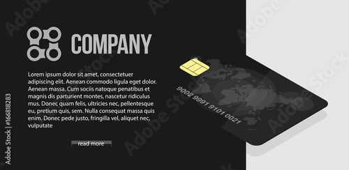 Black credit card with world map and security symbols. Banking concept banner. Business serious style for the site.