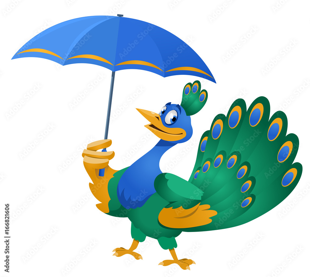 Bad weather. Funny peacock with umbrella. Cartoon styled vector  illustration. Isolated on white. No transparent objects. Stock Vector |  Adobe Stock