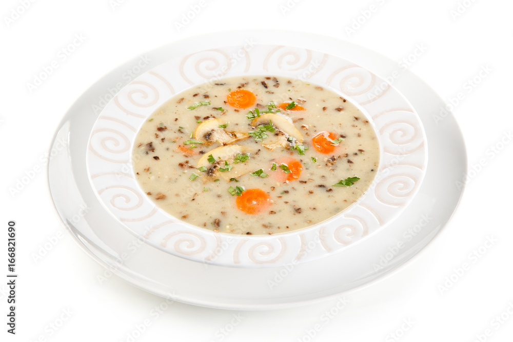 Mushroom soup on white background