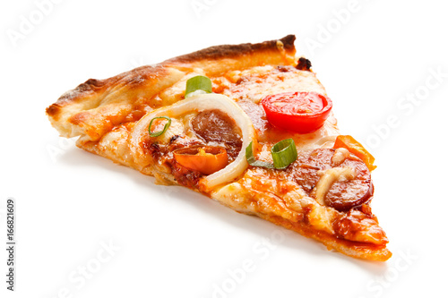 Pizza pepperoni with tomatoes and mushrooms on white background