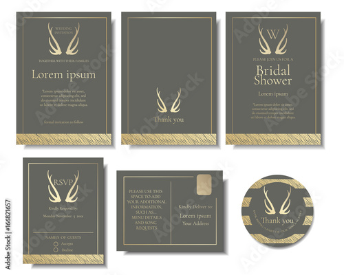 Set of Elegant Golden Wedding Invitation Card.Golden Antler Style.Vector/Illustration 