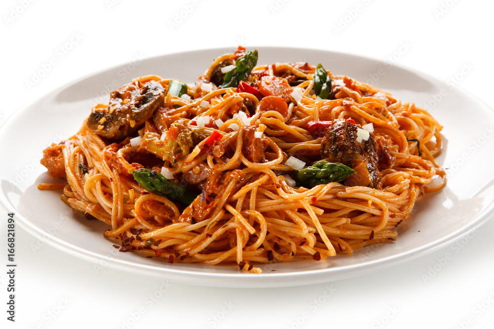 Pasta with meat, tomato sauce and vegetables Pasta with meat, tomato sauce and vegetables