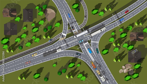 Top view high speed autobahn with cars and trucks.eps