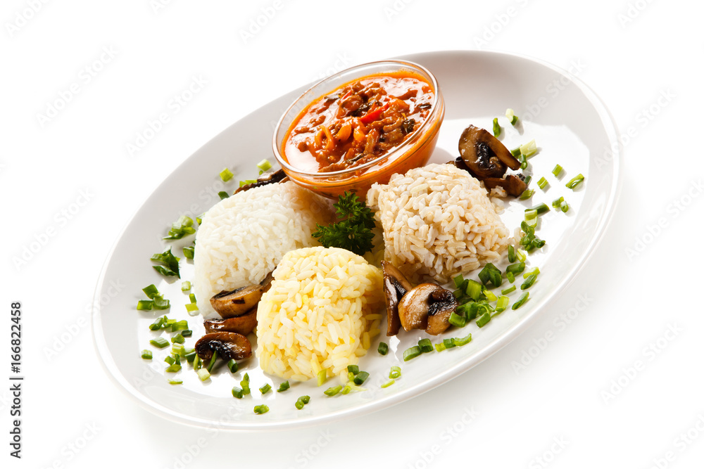 Rice dish with sauce on white background 