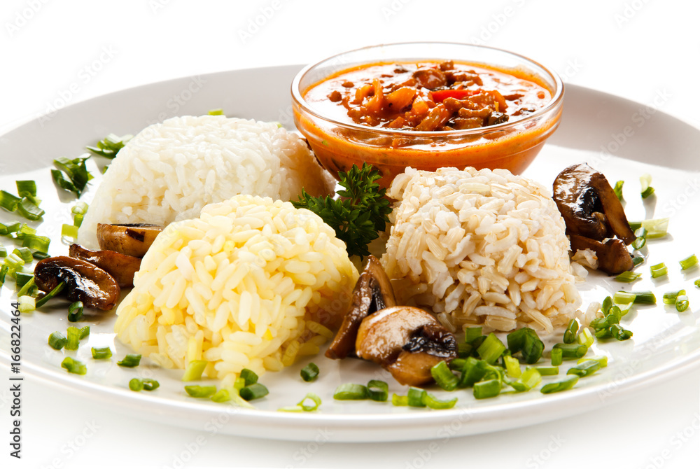 Rice dish with sauce on white background 