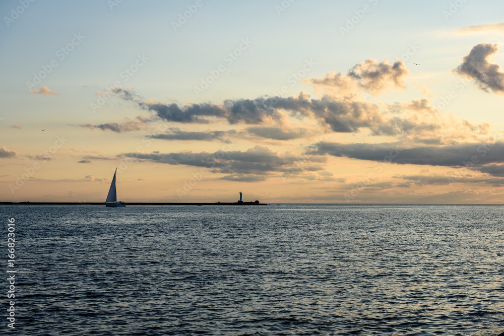sea ships on the horizon in sunset