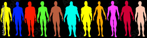 Multicolored collection of male people  3d rendering as flat 2d ink  cartoon shapes