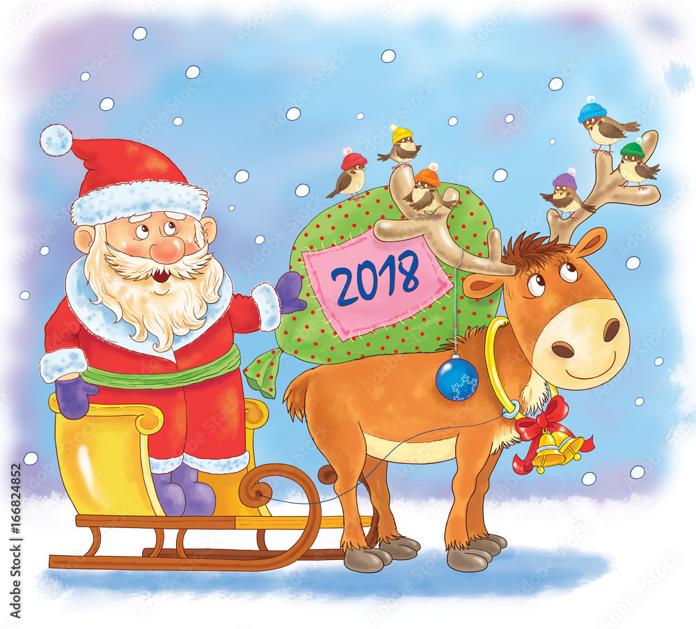 Fototapeta premium New Year 2018. Christmas. A cute Santa on the sledge and a reindeer. Funny cartoon characters