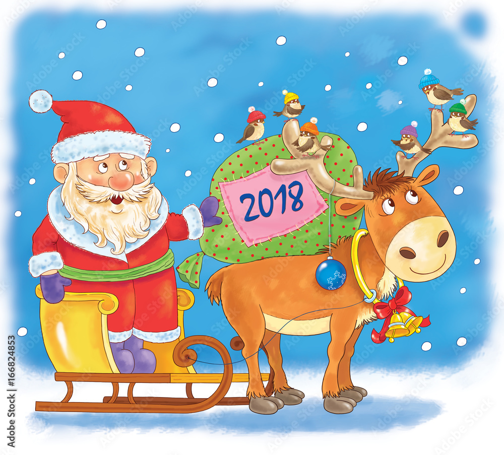 New Year 2018. Christmas. A cute Santa on the sledge and a reindeer. Funny cartoon characters New Year 2018. Christmas. A cute Santa on the sledge and a reindeer. Funny cartoon characters