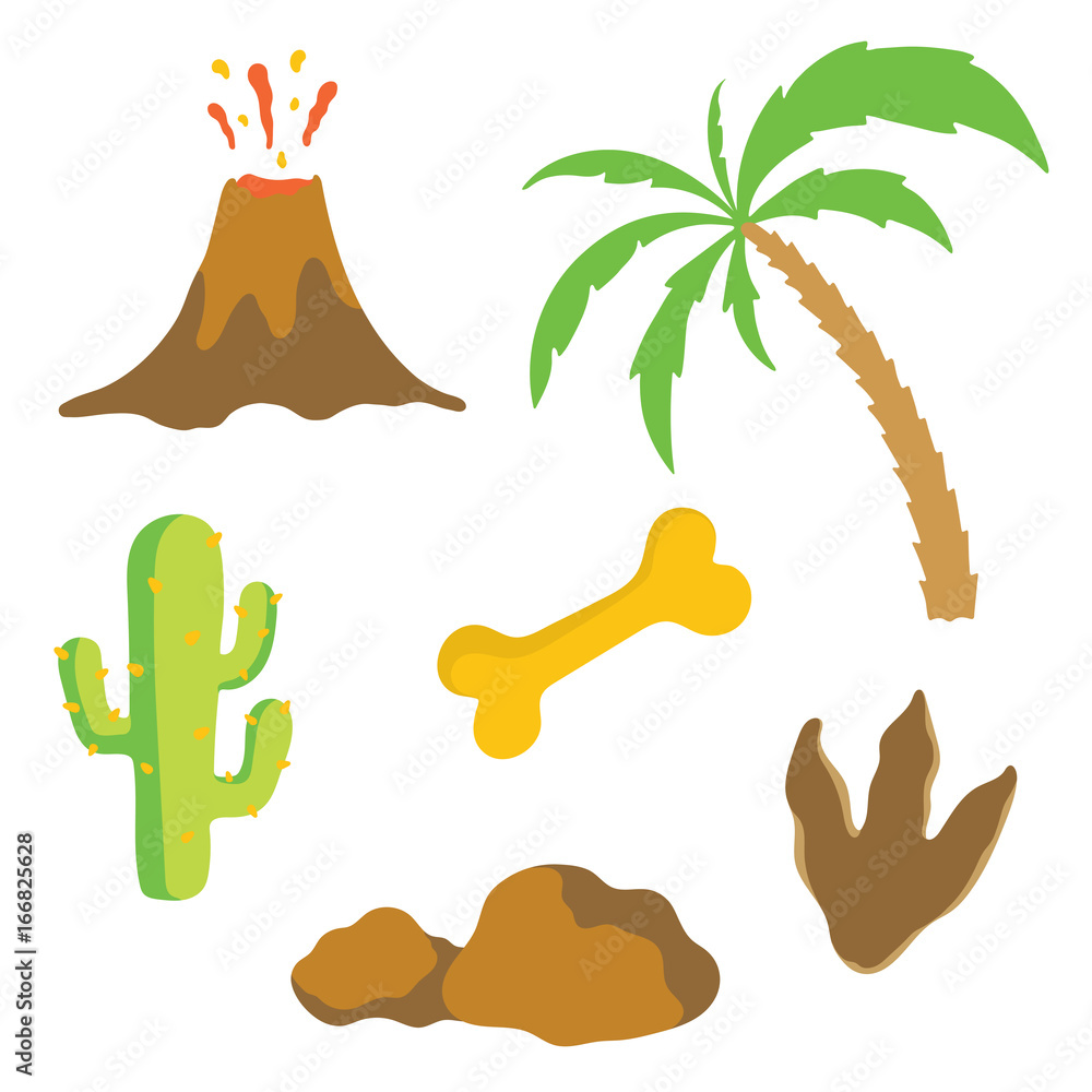 Fototapeta premium Dinosaur footprint, Volcano, Palm tree, Bone and Cactus