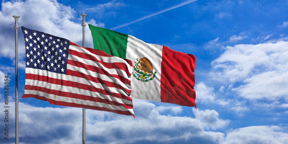 Mexico and America waving flags on blue sky. 3d illustration foto de Stock  | Adobe Stock