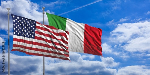 Italy and America waving flags on blue sky. 3d illustration