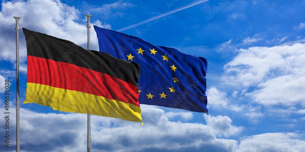 Germany and EU waving flags on blue sky. 3d illustration - obrazy, fototapety, plakaty 