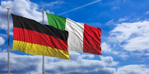 Italy and  Germany waving flags on blue sky. 3d illustration