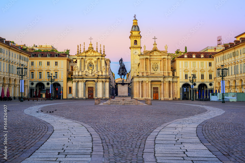 Piazza San Carlo and twin churches in the city center of Turin, Italy