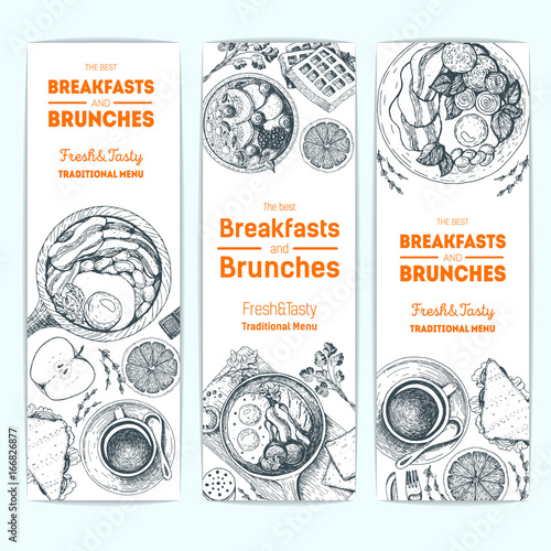 Breakfast and brunches vintage design template. Vertical banners set. Vector illustration hand drawn, linear art. Hand drawn sketch. Food menu design. Engraved image