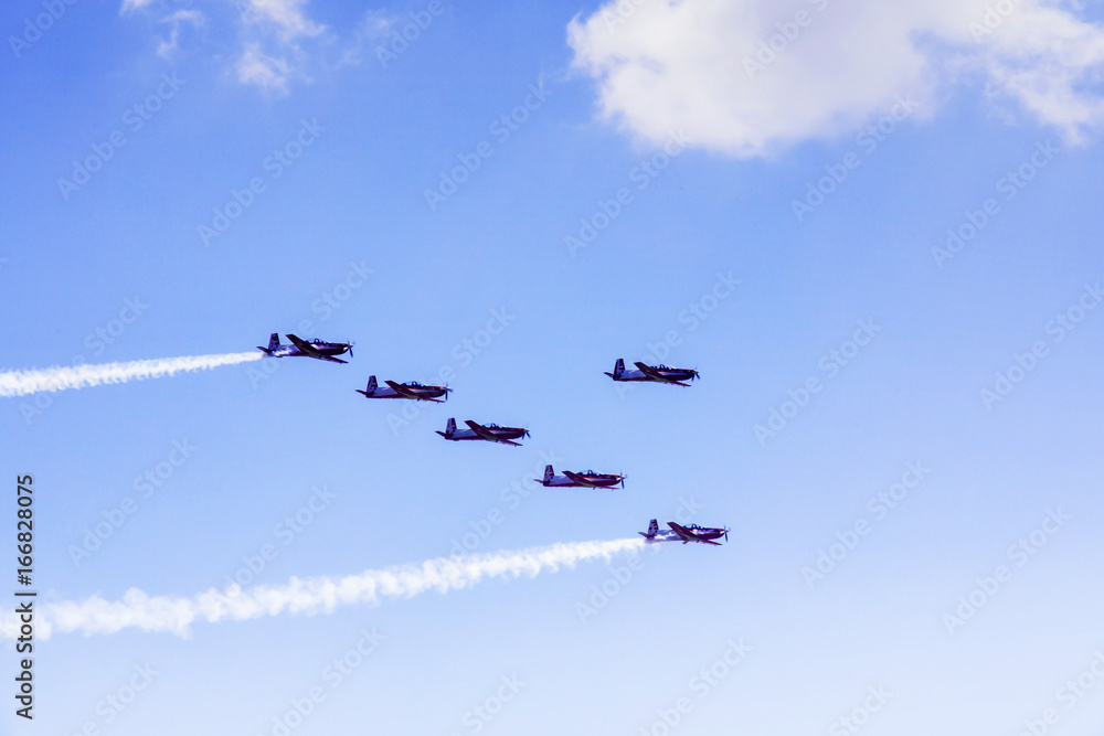 Jet army plane making formation in the sky Jet army plane making formation in the sky