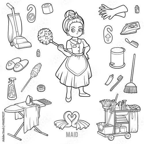 Black and white set with maid and objects for cleaning