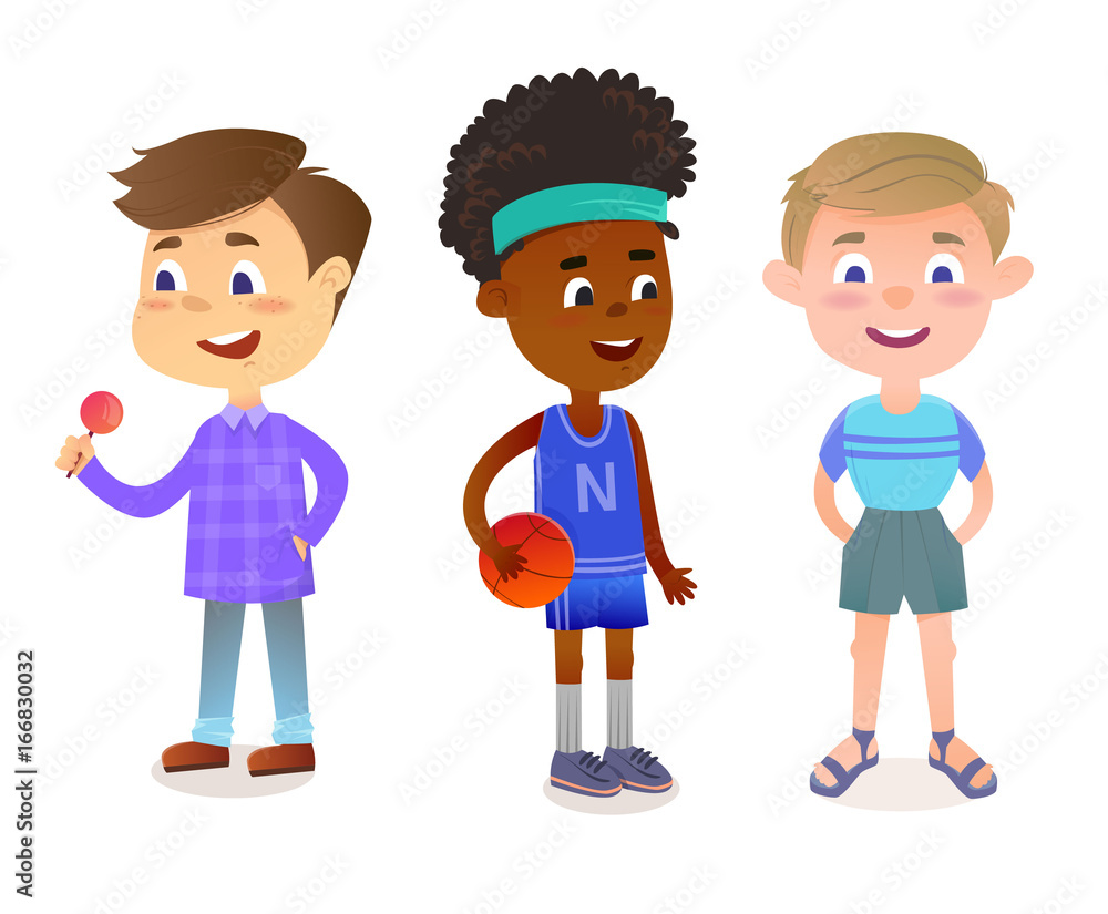 Little cute cartoon boy set. Children smiling and holding ball and candy. Vector illustration Little cute cartoon boy set. Children smiling and holding ball and candy. Vector illustration