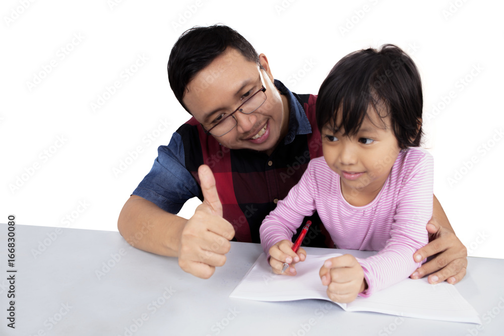Young father and his daughter with thumb up Young father and his daughter with thumb up