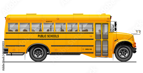 Yellow classic school bus. Side view. American education. Three-dimensional image with carefully traced details.