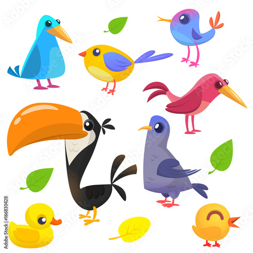 Cute cartoon birds collection. Cartoon set of colorful birds. Vector illustration