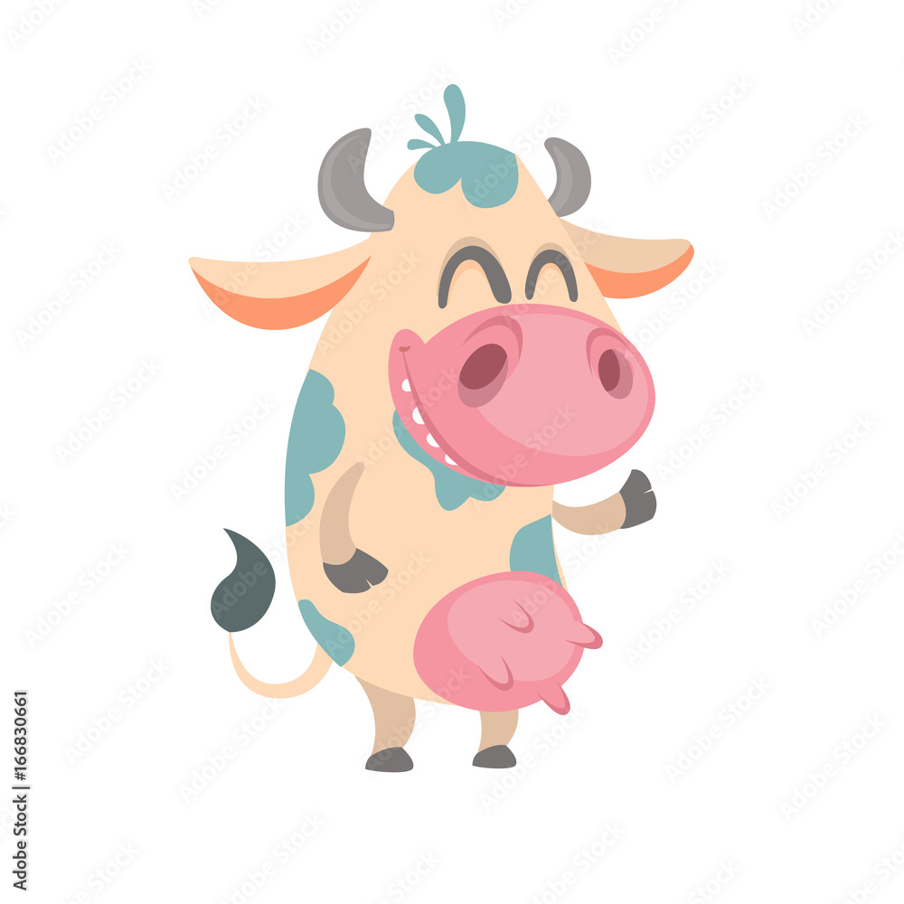 Cartoon cute white spotted cow standing and laughing. Vector illustration of a cow icon mascot isolated on white. Great for print, banner or children book