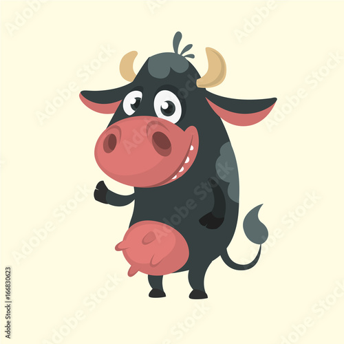 Cartoon cute black cow standing and presenting. Vector illustration of a cow icon mascot isolated on white. Great for print, banner or children book