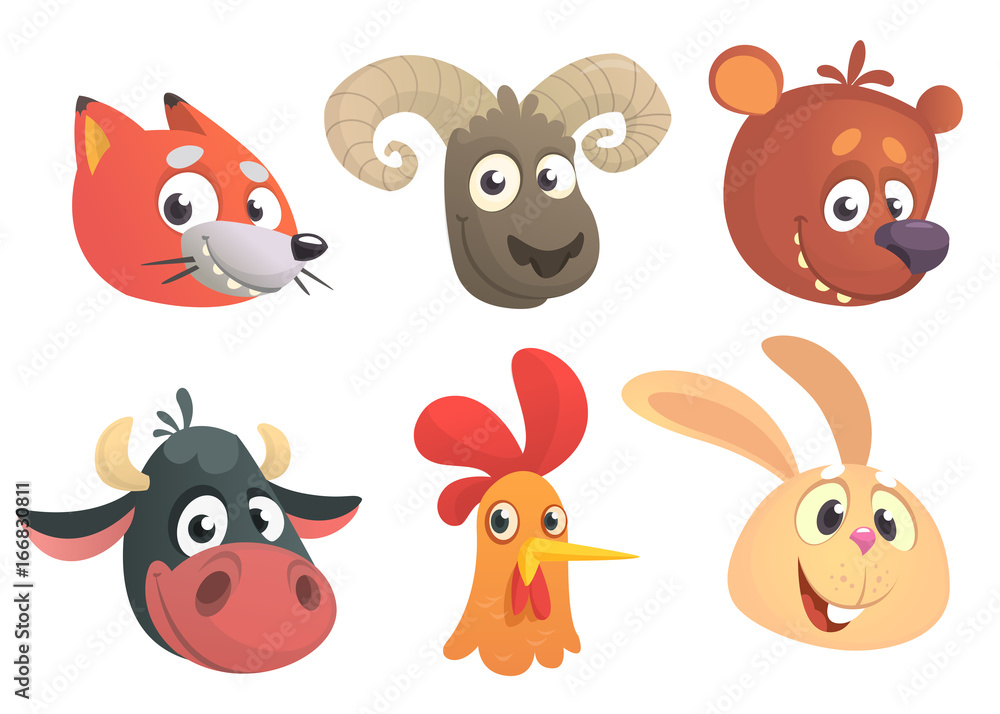 Set of cartoon forest animals head icons. Vector collection of forest wild animals. Fox, sheep, bear, cow, rooster or chicken, rabbit. Design elements isolated. Set of cartoon forest animals head icons. Vector collection of forest wild animals. Fox, sheep, bear, cow, rooster or chicken, rabbit. Design elements isolated.