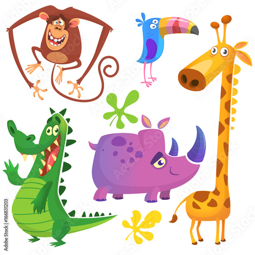 Cartoon African savanna animal set. Big collection of cartoon jungle animals. Vector illustration. Crocodile alligator  giraffe  monkey chimpanzee  toucan and rhino