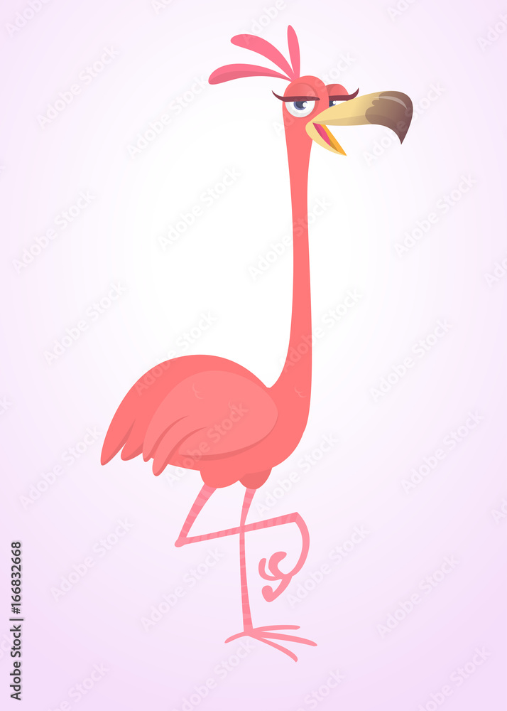 Obraz premium Cool carton pink flamingo bird. Vector illustration isolated. Poster design of sticker