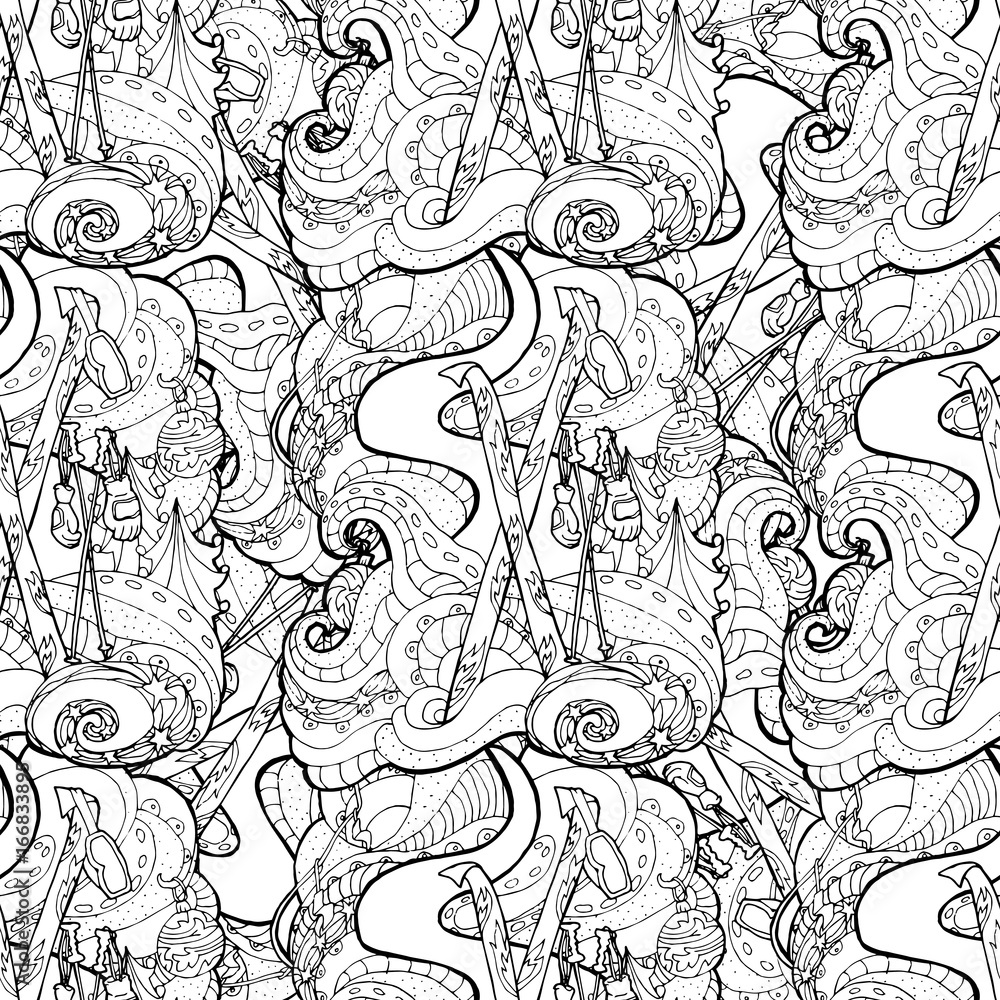Seamless pattern for print textile design or paper wrapping.Merry Christmas style, ski equipment in the snow Seamless pattern for print textile design or paper wrapping.Merry Christmas style, ski equipment in the snow