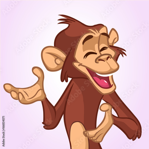 Cartoon monkey smiling and laughing. Vector illustration of chimpanzee character mascot presinting and waving hands. Design for print  sticker  banner  poster  icon
