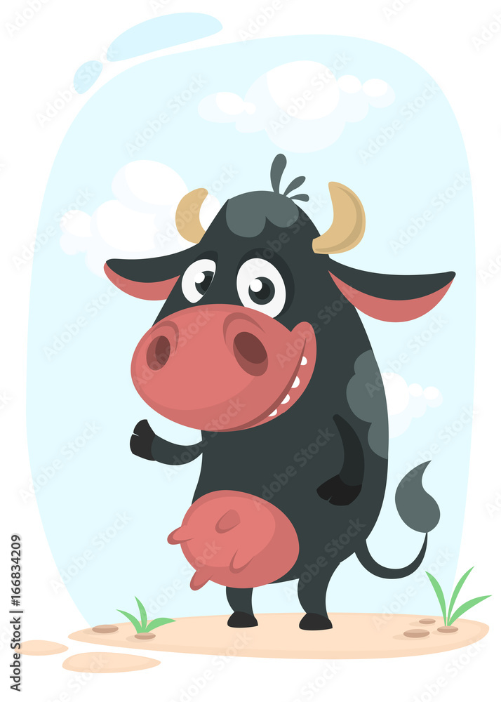 Cartoon cute pretty cow standing and smiling. Vector illustration of a cow icon mascot isolated on white. 