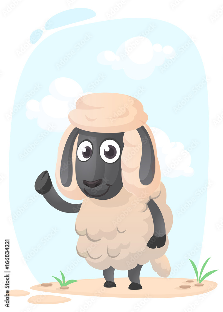 Funny cartoon sheep. Vector illustration of pretty sheep baby. Isolated on meadow background Funny cartoon sheep. Vector illustration of pretty sheep baby. Isolated on meadow background