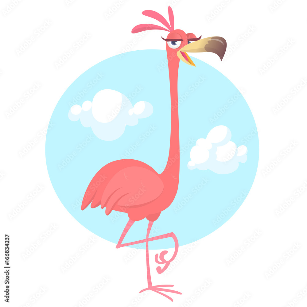 Naklejka premium Cool pretty cartoon pink flamingo. Vector illustration isolated. Poster design of sticker