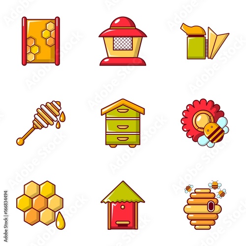 Apiculture equipment icons set, flat style