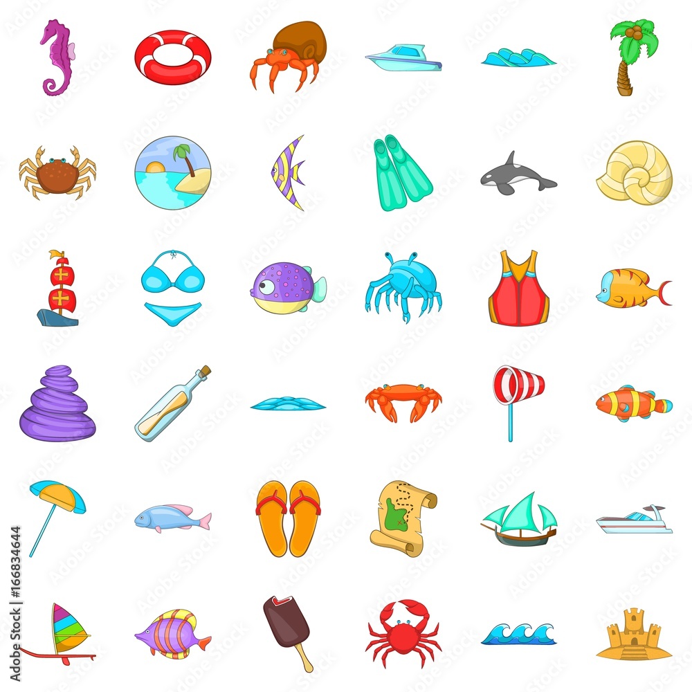 Beach relaxation icons set, cartoon style Beach relaxation icons set, cartoon style