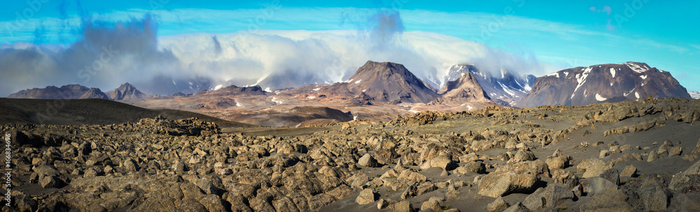 Volcanic rock desert and mountains of Porisjokull. Iceland near Kaldidalur.