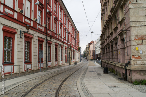 Tram tracks run through the streets in the Old Town of Wroclaw, Poland