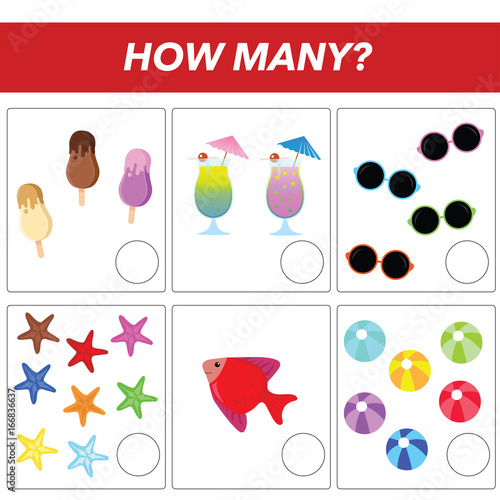 Counting educational children game, kids activity sheet, how many object task, Learning mathematics, numbers, addition theme, summer theme