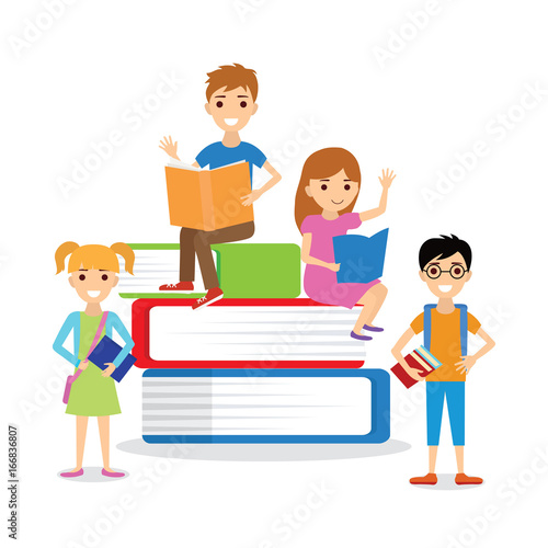 a group of children with books