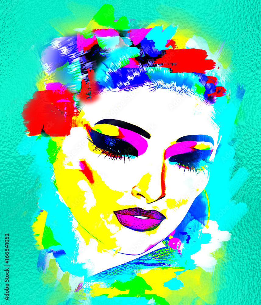 Fototapeta Kolorowy, abstrakcyjny obraz pop art kobiecej twarzy z kwiatami we włosach.