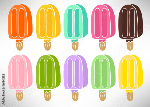 Colorful set of ice cream with fruit juice  chocolate Isolated on a white background. Popsicle on a stick. Vector illustration.