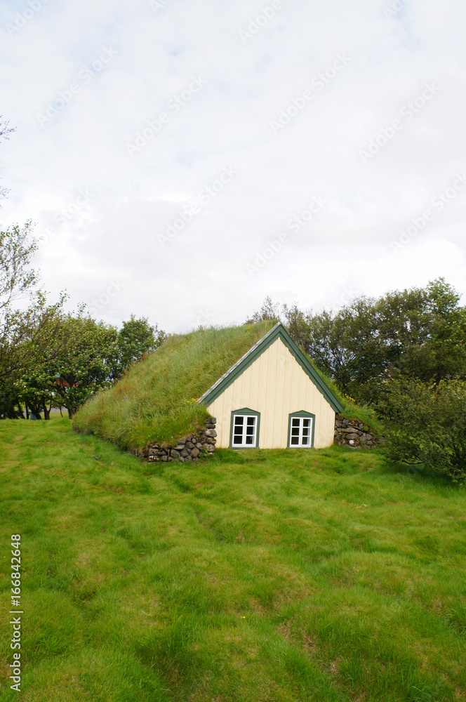 Hofskirkja church is a beautiful turf church in South-East Iceland.