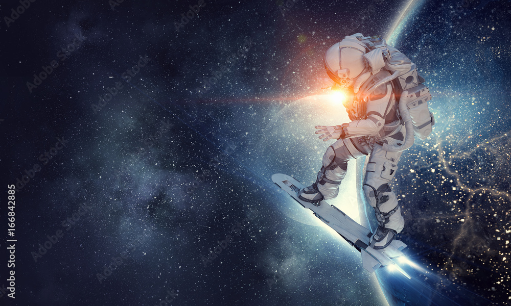 Naklejka premium Spaceman on flying board. Mixed media