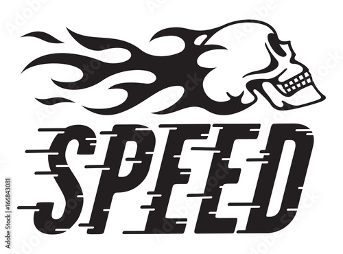 Speed Retro Vector Design with speed lines and flaming skull
Vector illustration of vintage hot rod, motorcycle, car graphic with custom speed line typography and side view of skull and flames. photo