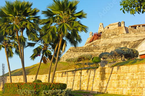 San Felipe de Barajas fortress at sunset in Cartagena, Colombia. The fortress is most visited city attraction played a key role in the country colonial past. © avmedved