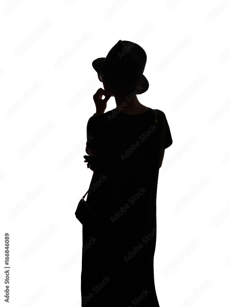 silhouette thinking figure of short hairs woman in black dress waring hat and sun glasses with small purse hanging by her side on white background. silhouette thinking figure of short hairs woman in black dress waring hat and sun glasses with small purse hanging by her side on white background.